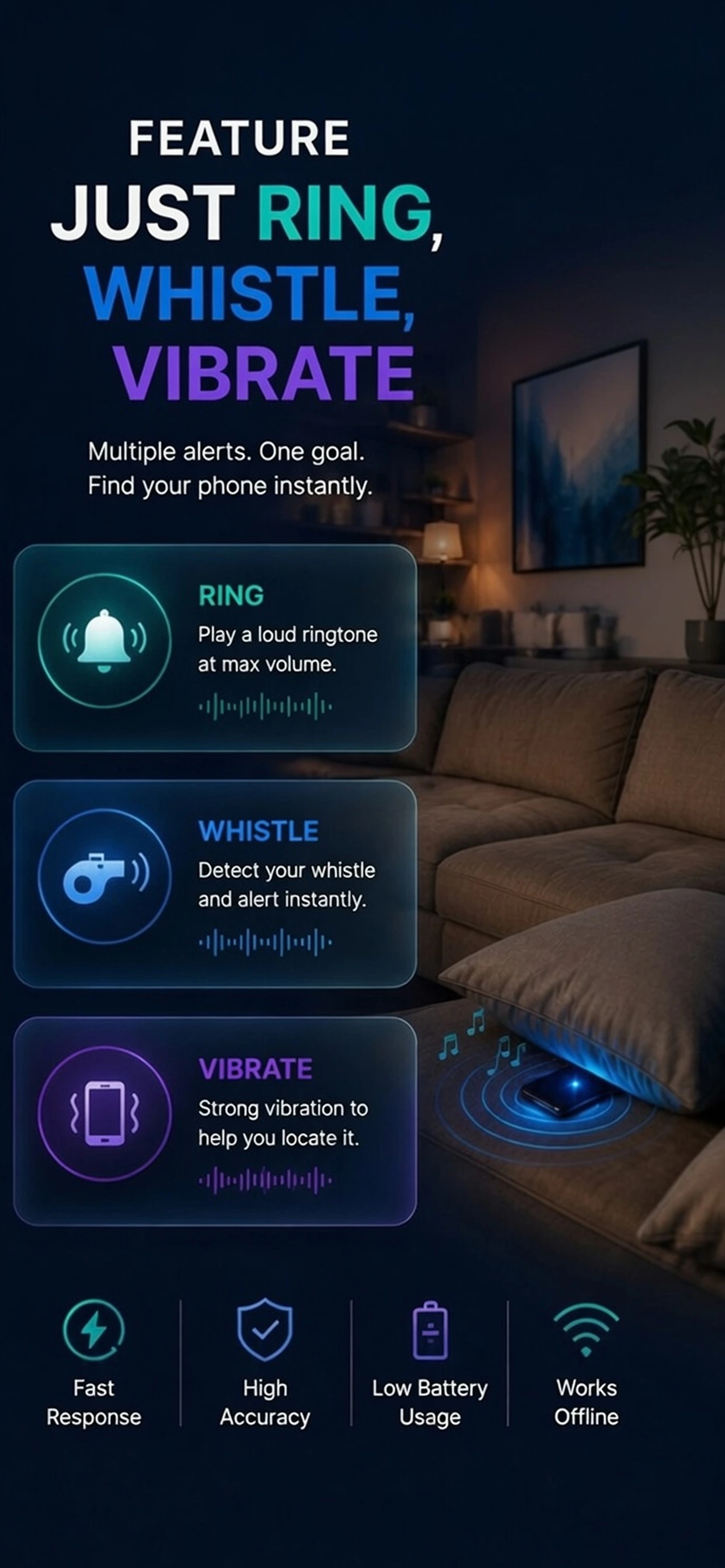 Find My Phone: Clap & Whistle app settings for sound, flash, and vibration alerts